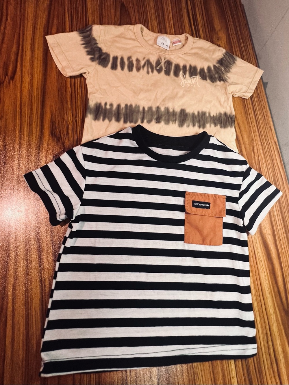 Striped Black & White Short Sleeve Tee with Tan Pocket - Kids